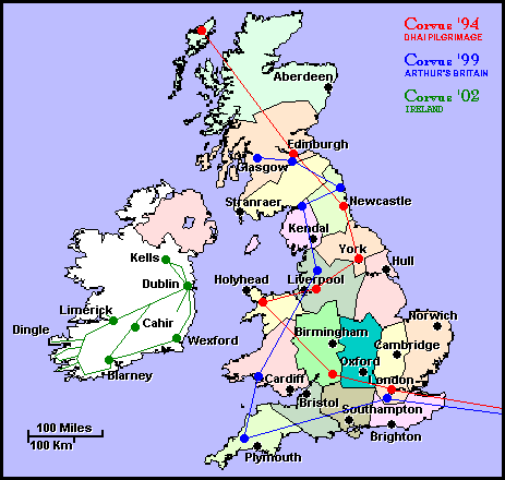 Map of Great Britain showing general tour routes for Corvus '02 (in green).  You may click this map to begin the Corvus '02 Tour.
