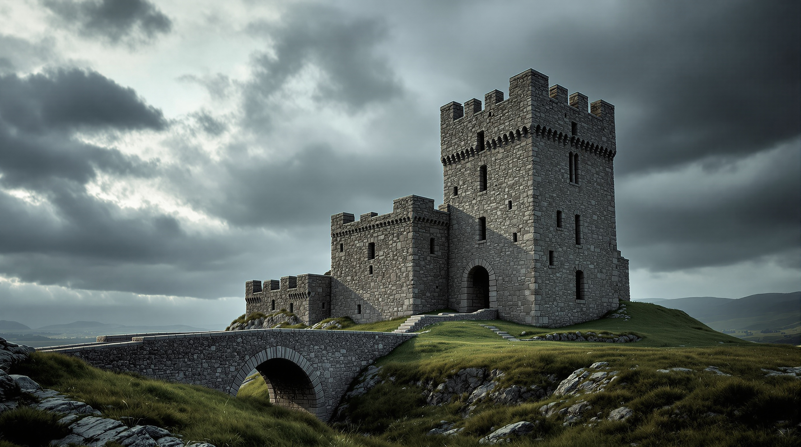 A twelfth-century Norman stone castle keep on a green hill