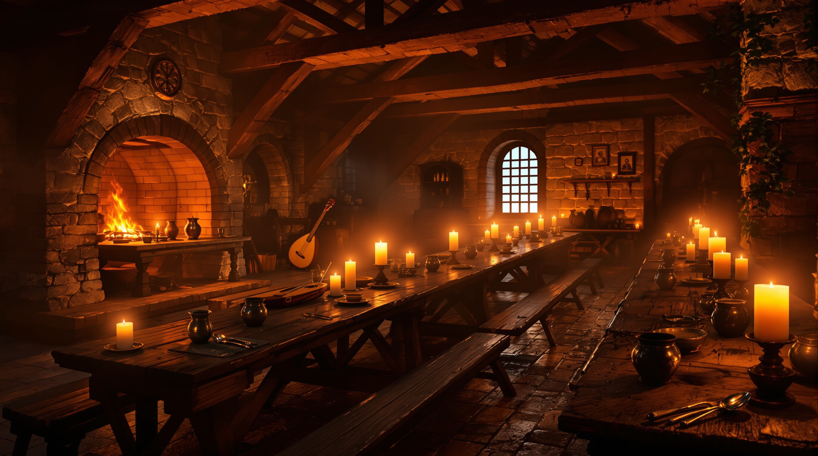 A candlelit medieval feast hall with a lute resting against a bench
