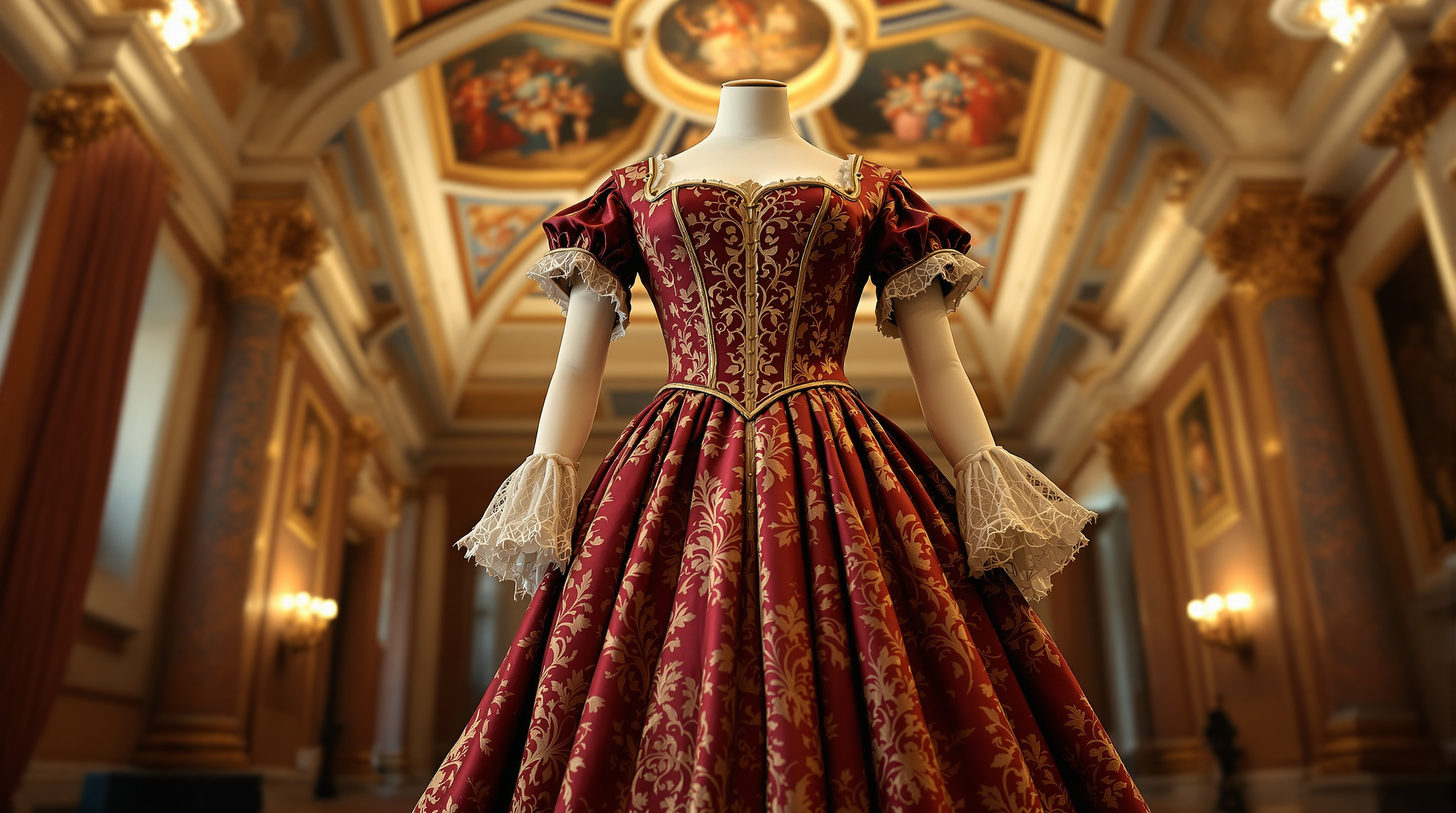 An Italian Renaissance gown in crimson and gold brocade with laced sleeves