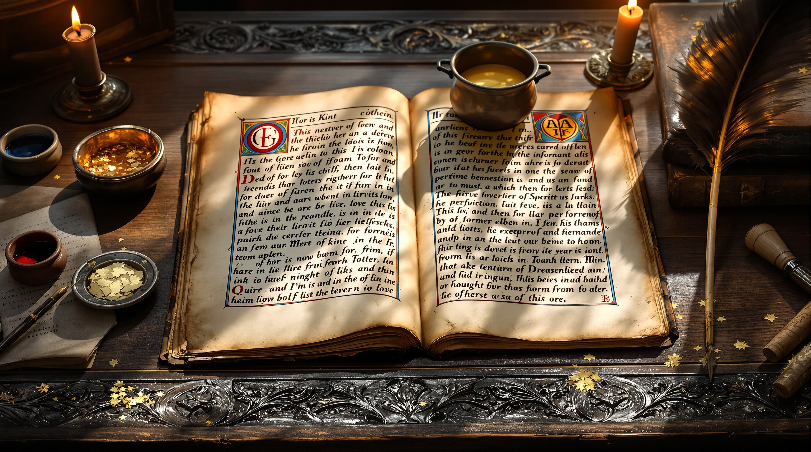 A medieval scriptorium desk with quill, inks, and an illuminated manuscript