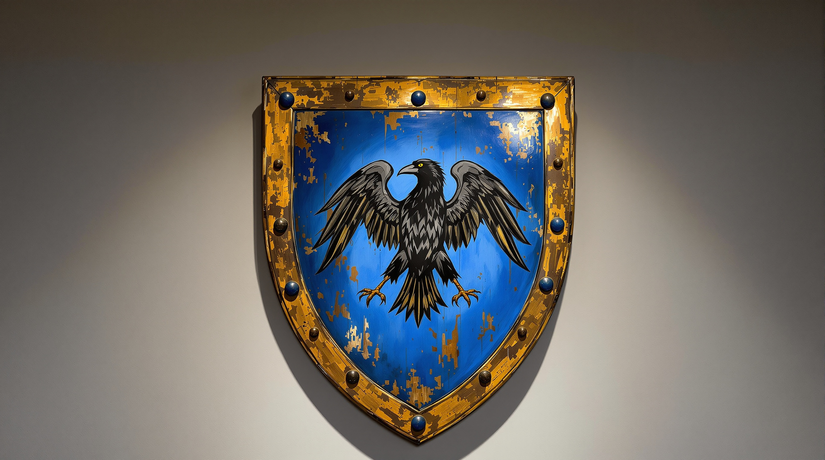 Heraldic device of Master Bran Trefonnen: a raven on a blue field