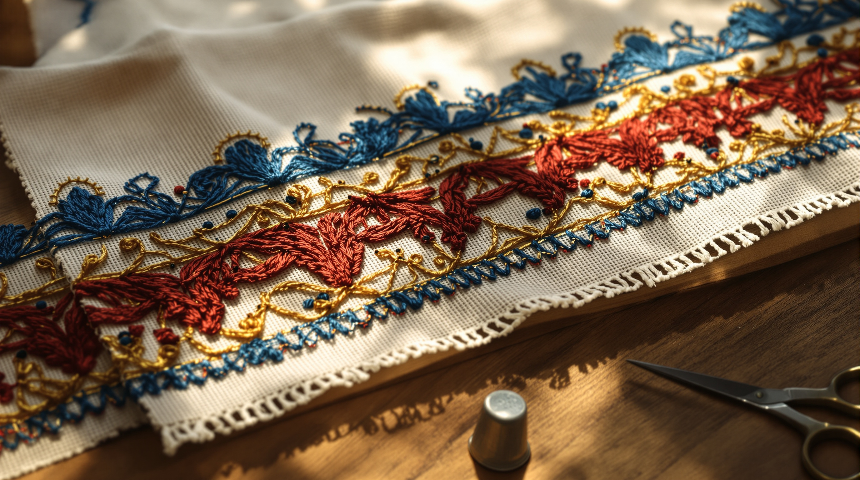 Medieval embroidery in progress with coloured silk threads on a wooden frame