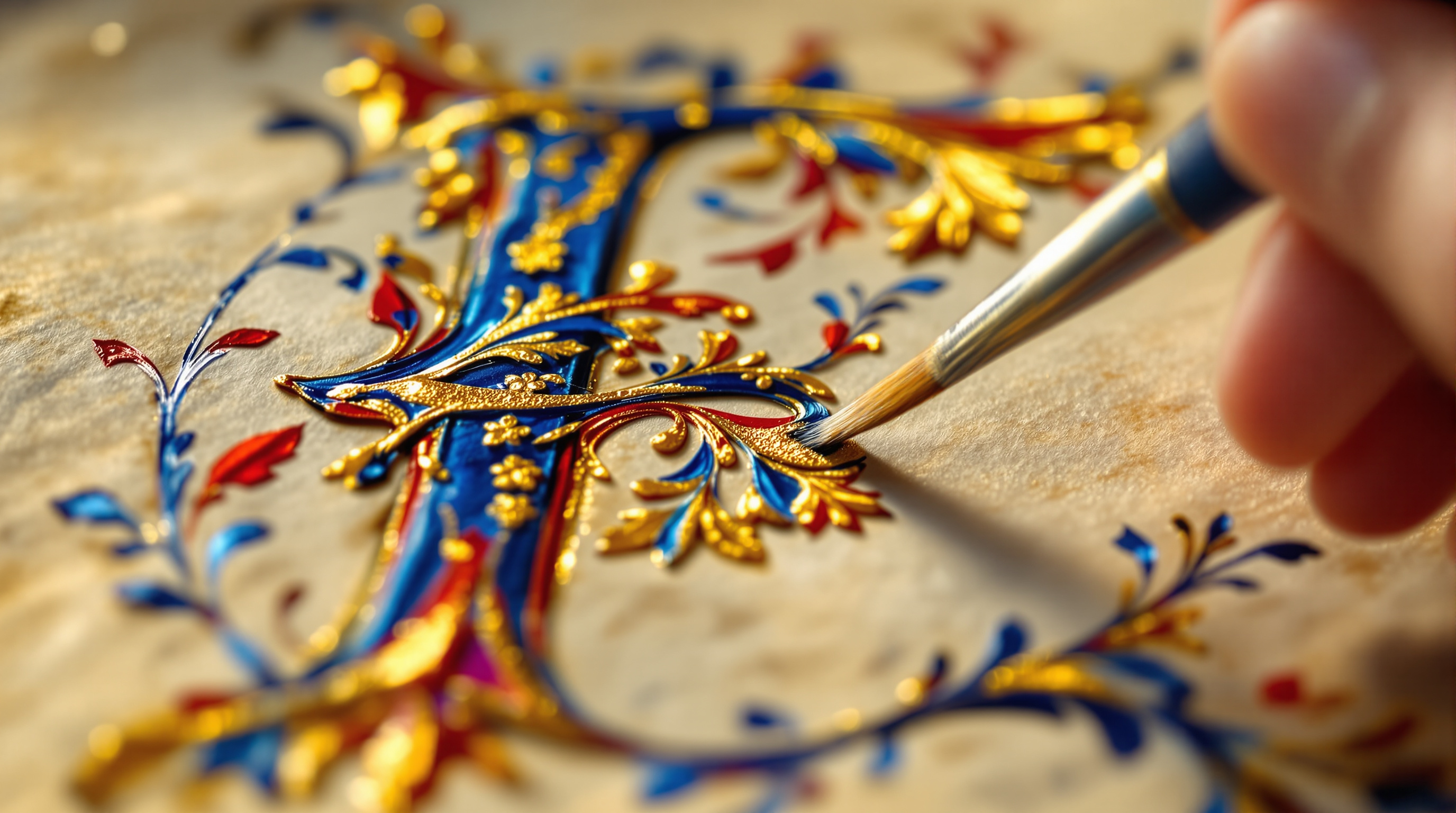 A scribe illuminating a decorated manuscript initial with gold and colour
