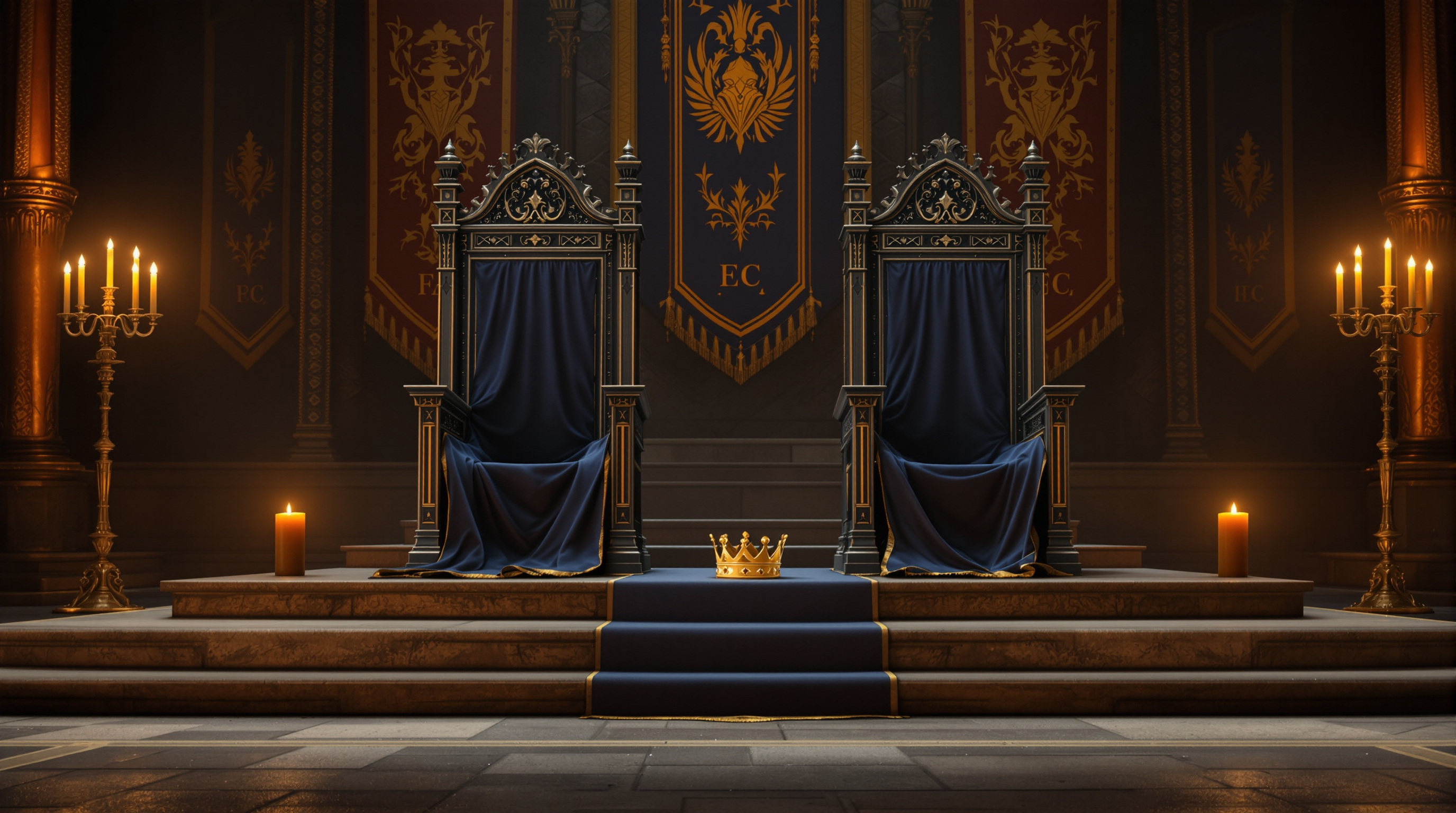Medieval thrones and a coronet set for a coronation ceremony