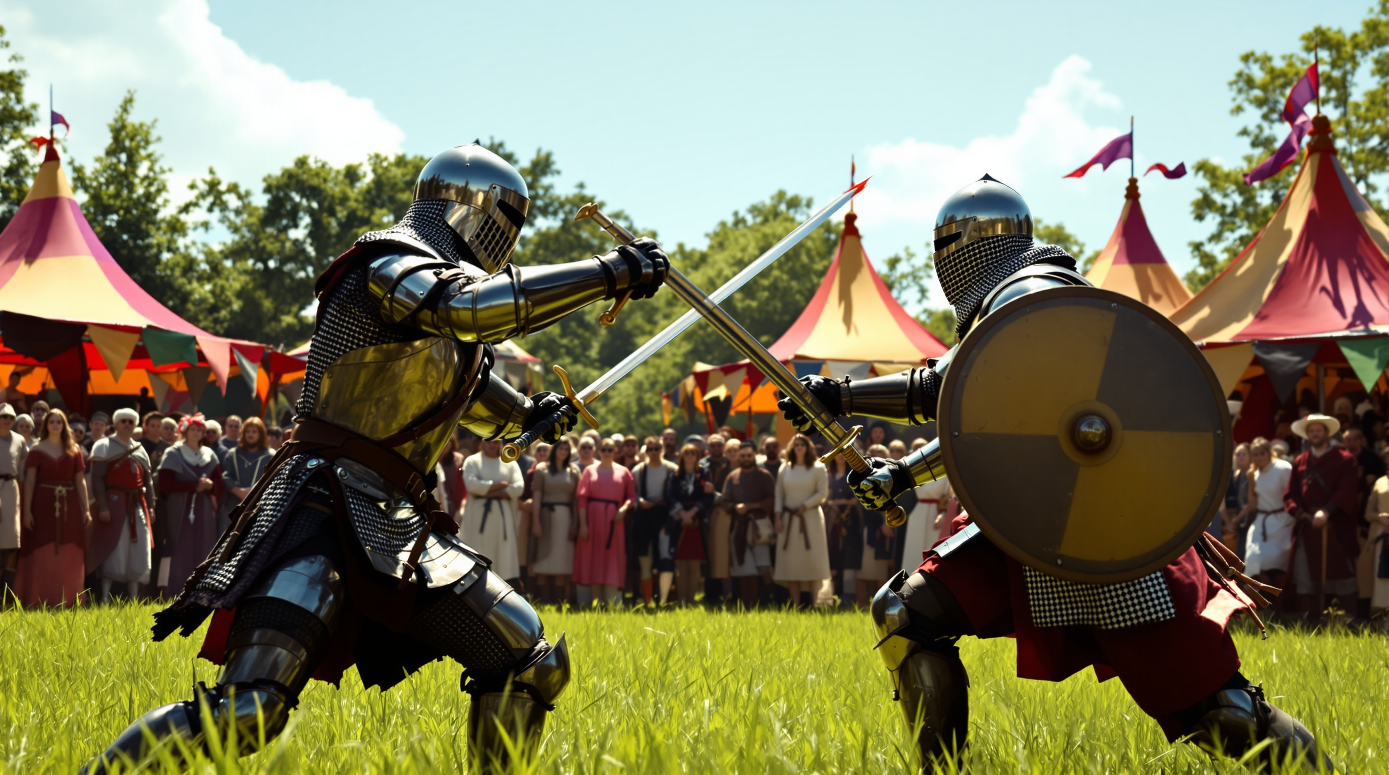 Armoured fighters in a tournament on a green field surrounded by heraldic pavilions