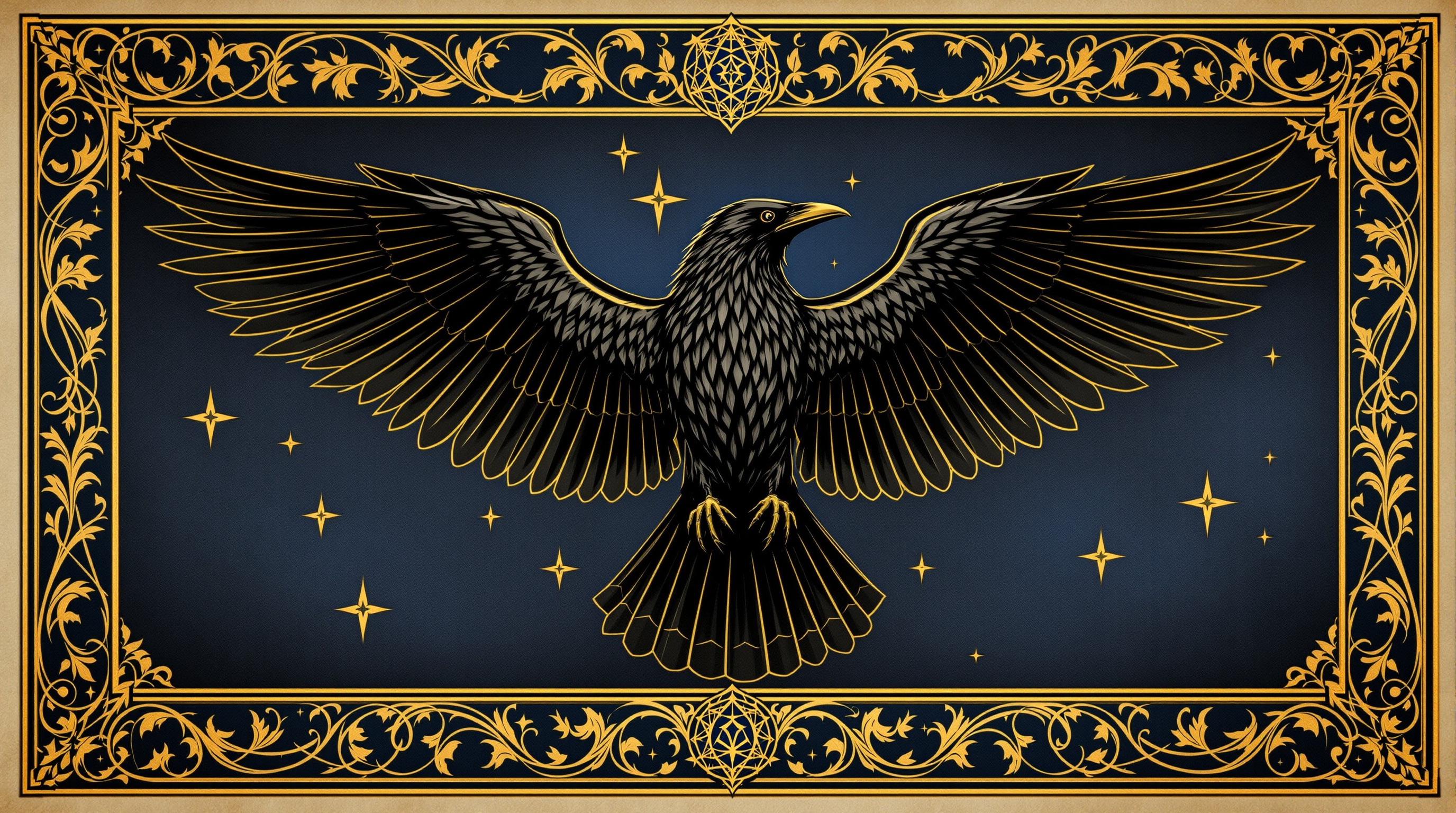 Heraldic raven displayed on a midnight-blue field, the emblem of House Corvus