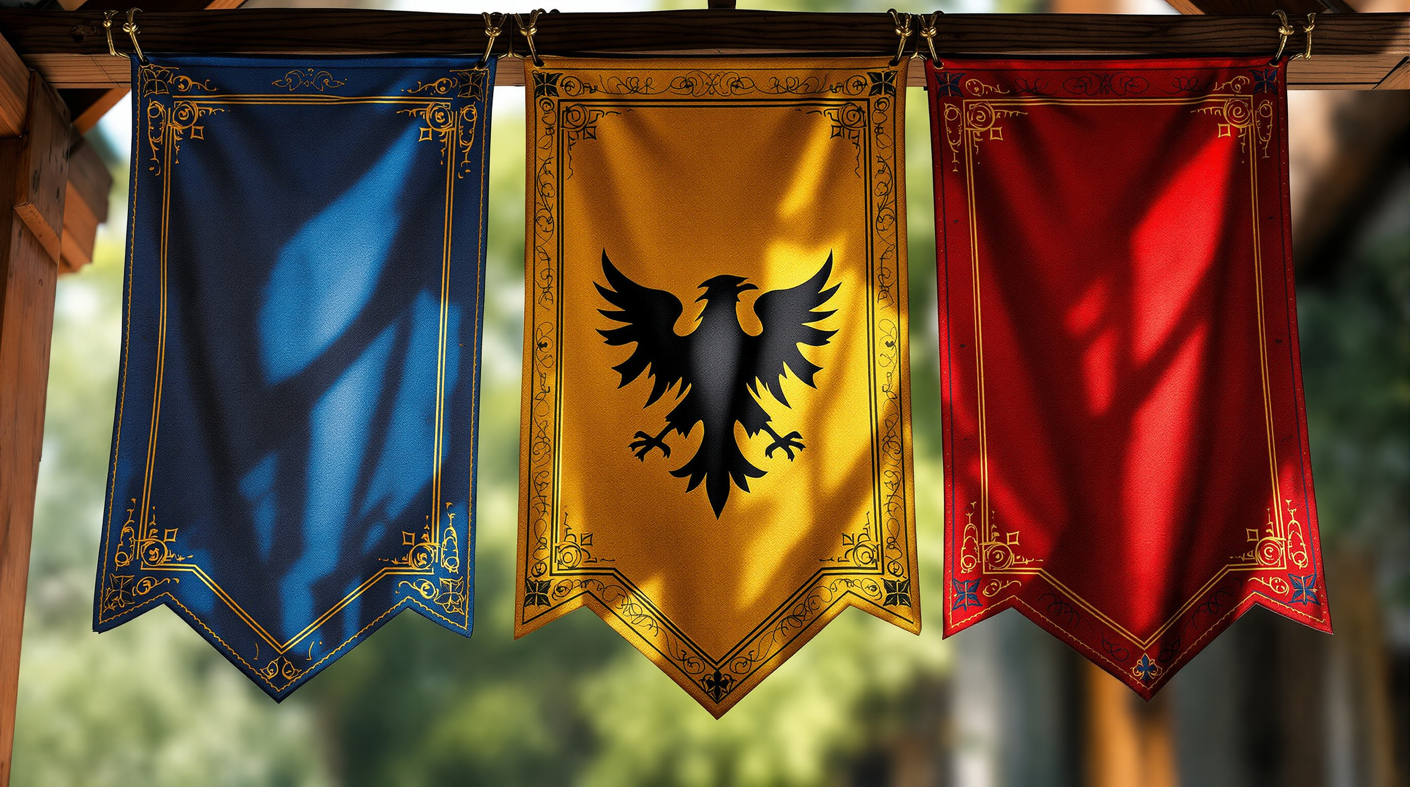 Heraldic banners including a raven banner hanging at a medieval gathering