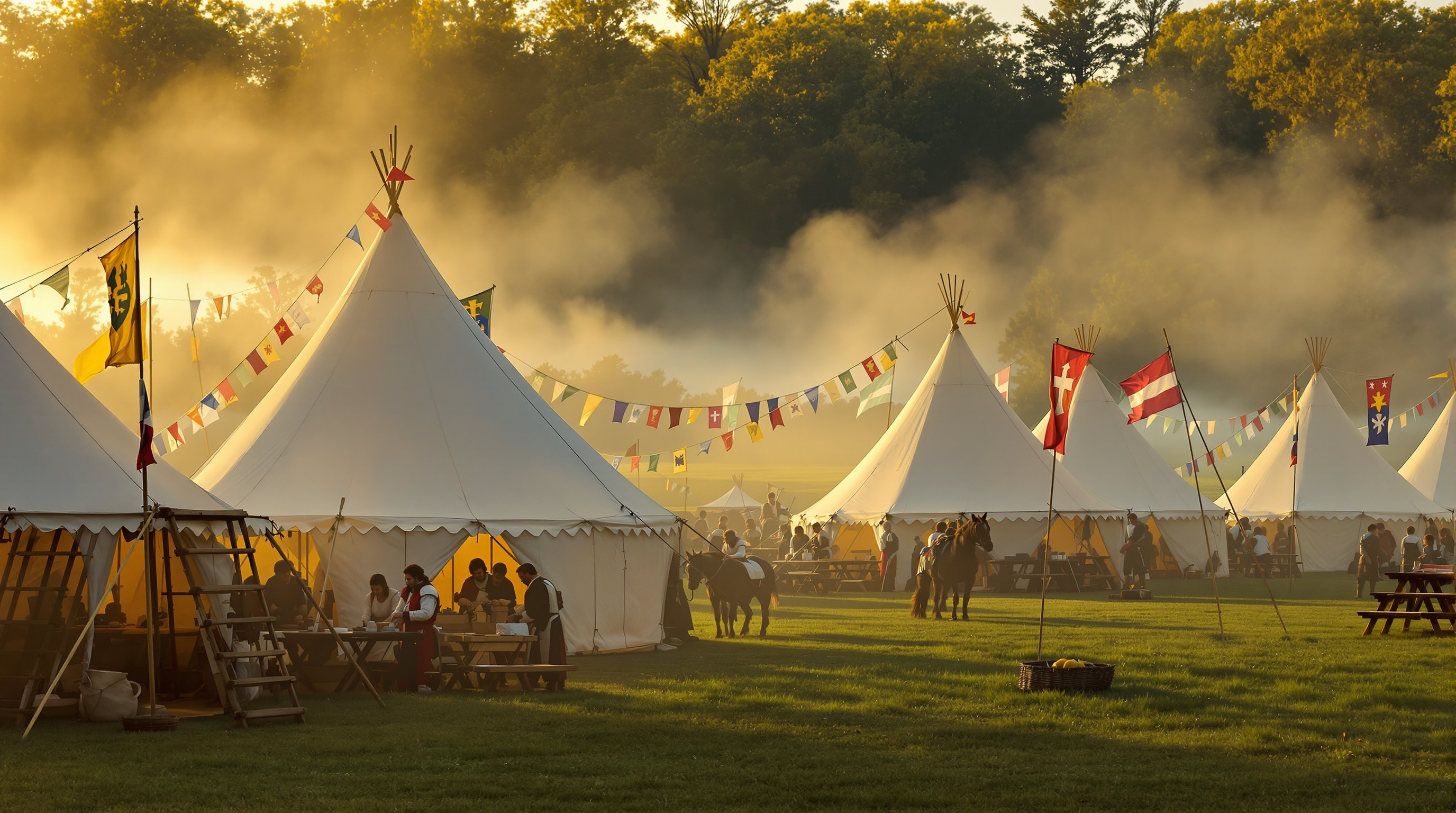 A medieval encampment of heraldic pavilions at dawn, in the style of an SCA event