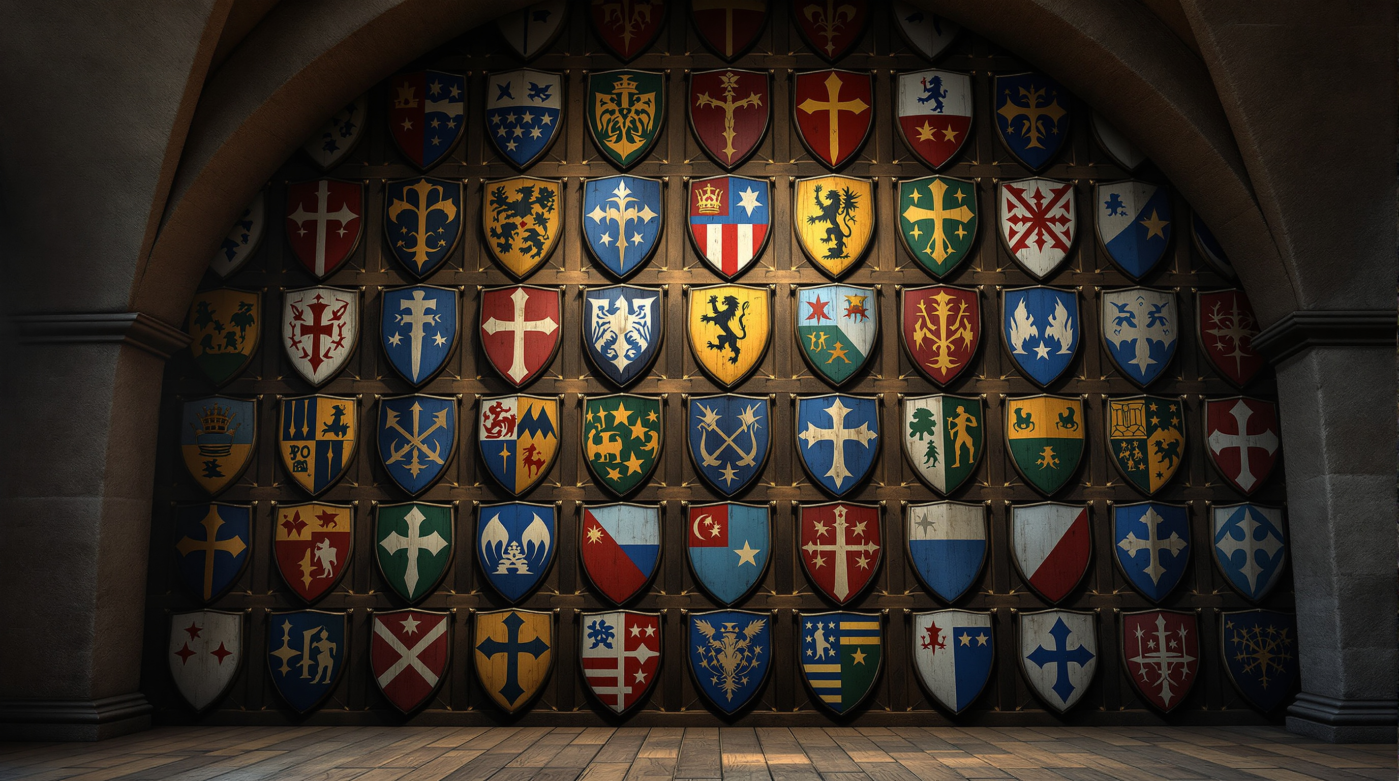 A grid of painted heraldic shields representing household members